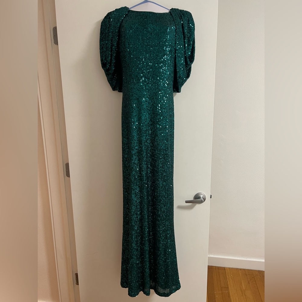 Green sequin black tie gown
